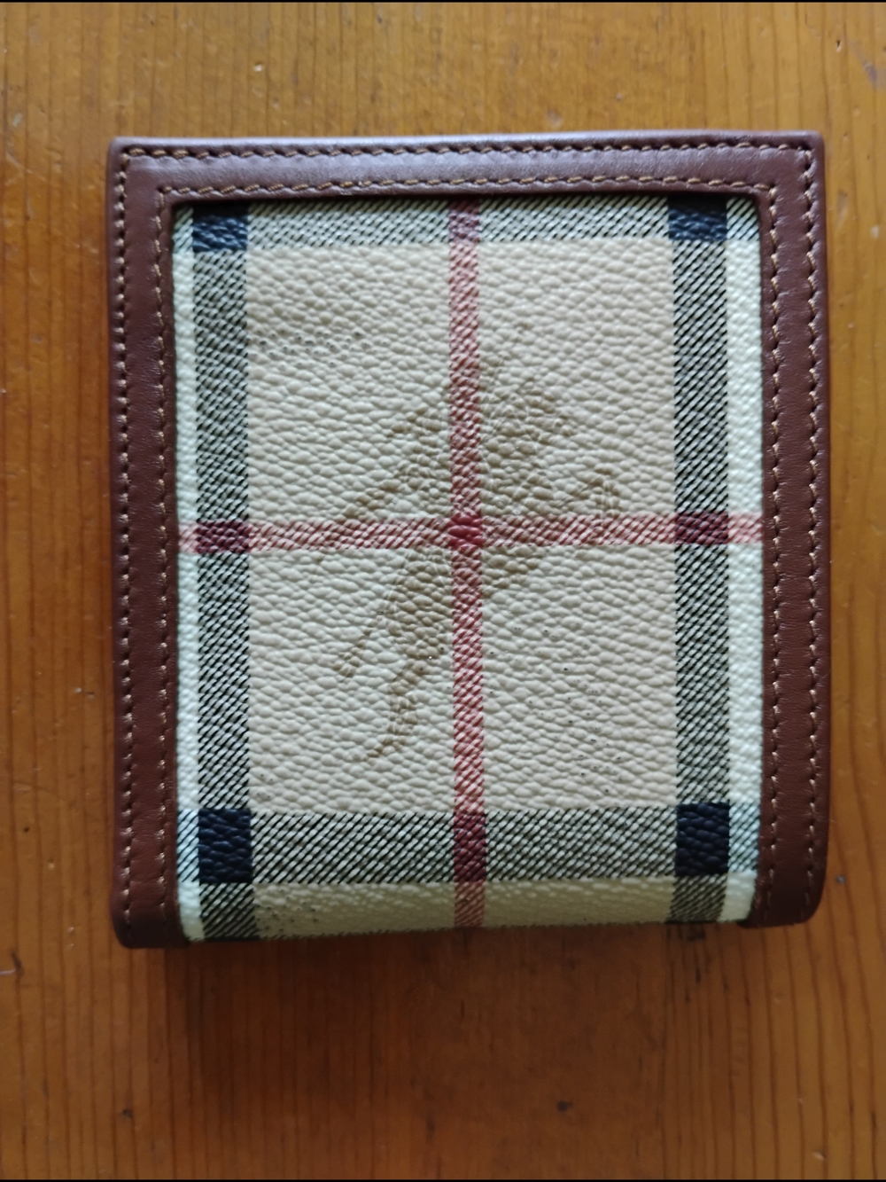 Burberry Beige Plaid Wallet with Brown Leather Trim
